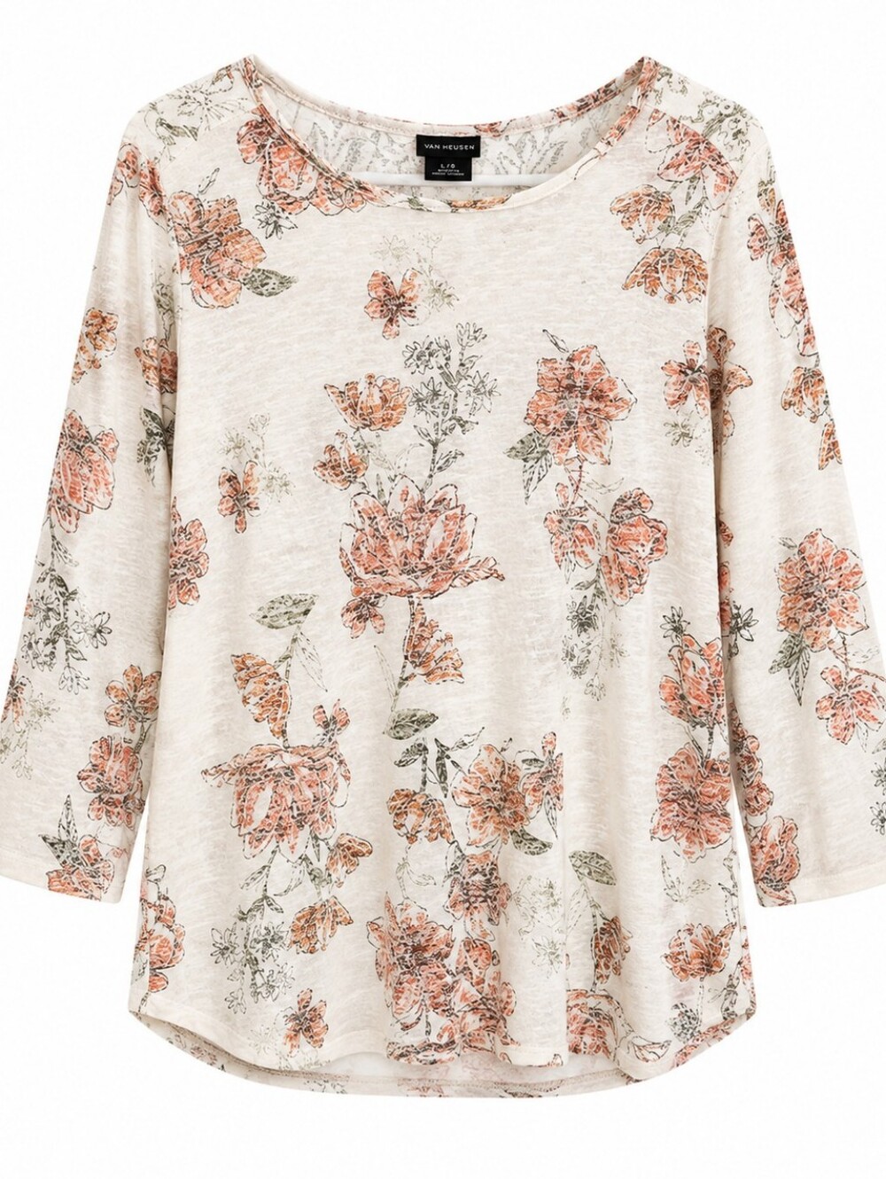 Van Heusen Cream Floral Long Sleeve Scoop Neck Top Sz LG